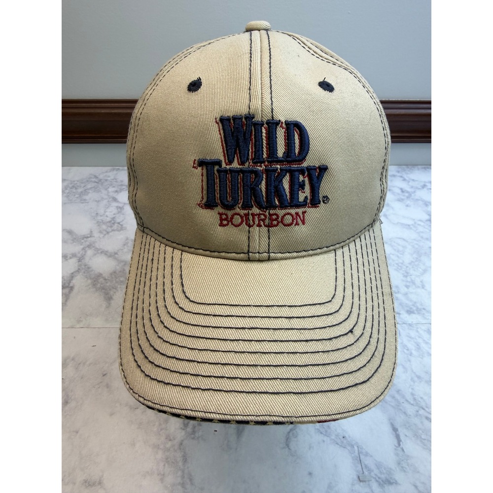 Wild Turkey Bourbon Hat Tan Khaki Embroidered Baseball Cap American Flag Detail